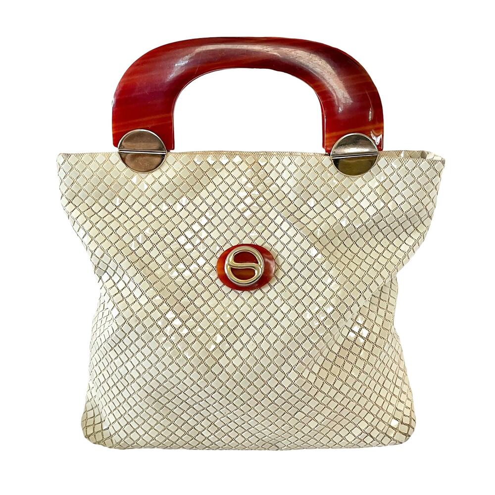 Vintage Lumured Ivory-White Luma Mesh Tortoise Shell Lucite Mod Handbag